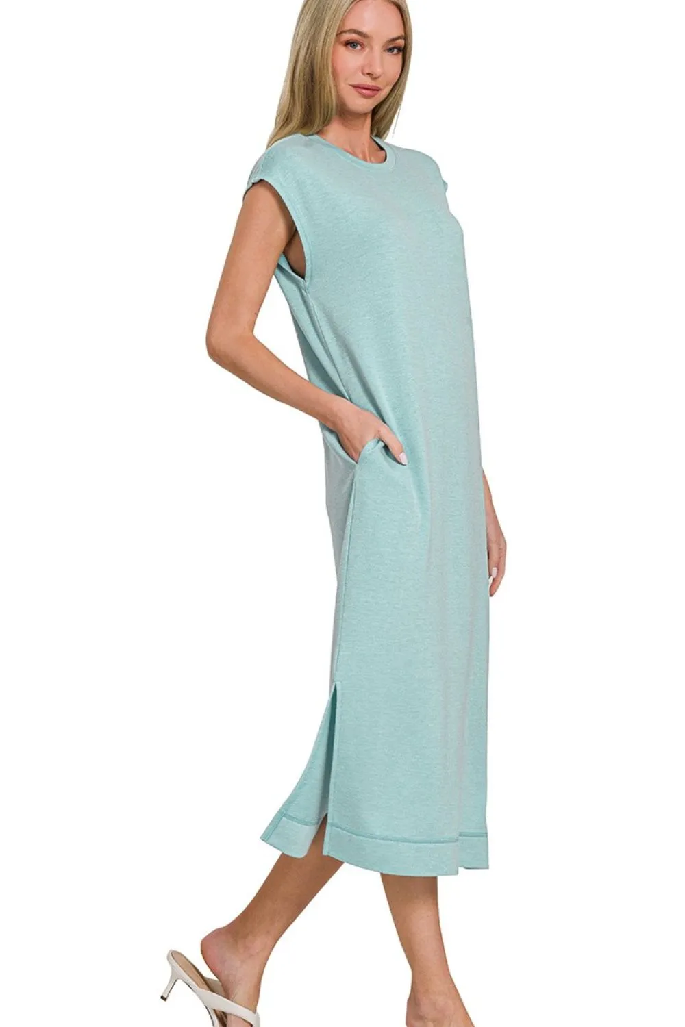 French Terry Sleeveless Round Neck Midi Dress, image 2