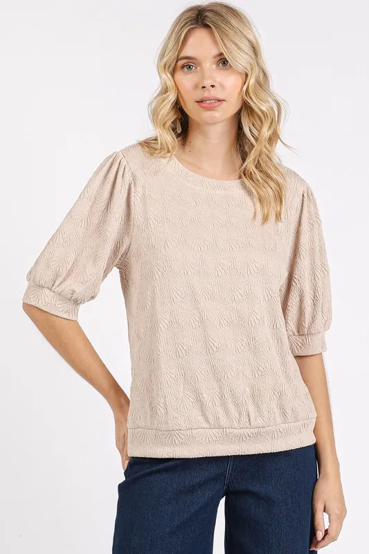 Fan Shell Texture Short Puff Sleeve Knit Top