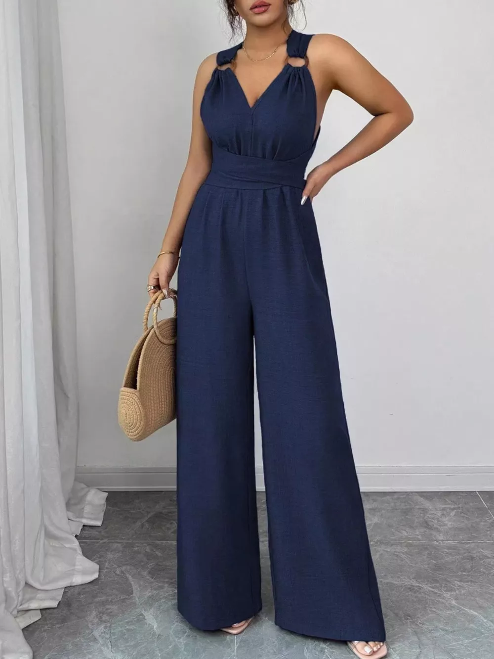 Sleeveless V-Neck Wide-Leg Jumpsuit with O-Ring Detail, image 3