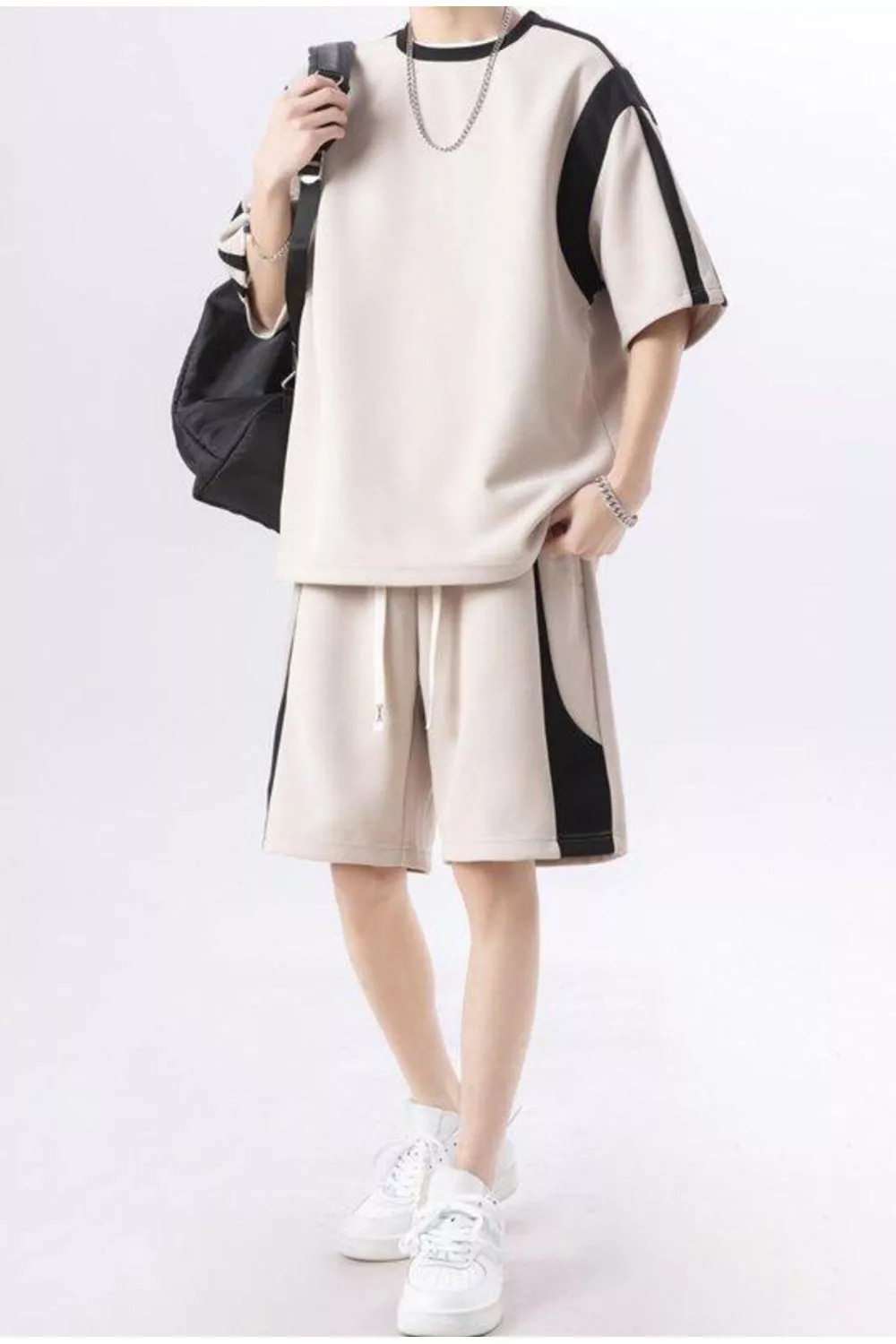 Men's Plus Size Contrast Round Neck Top and Shorts Set, image 4
