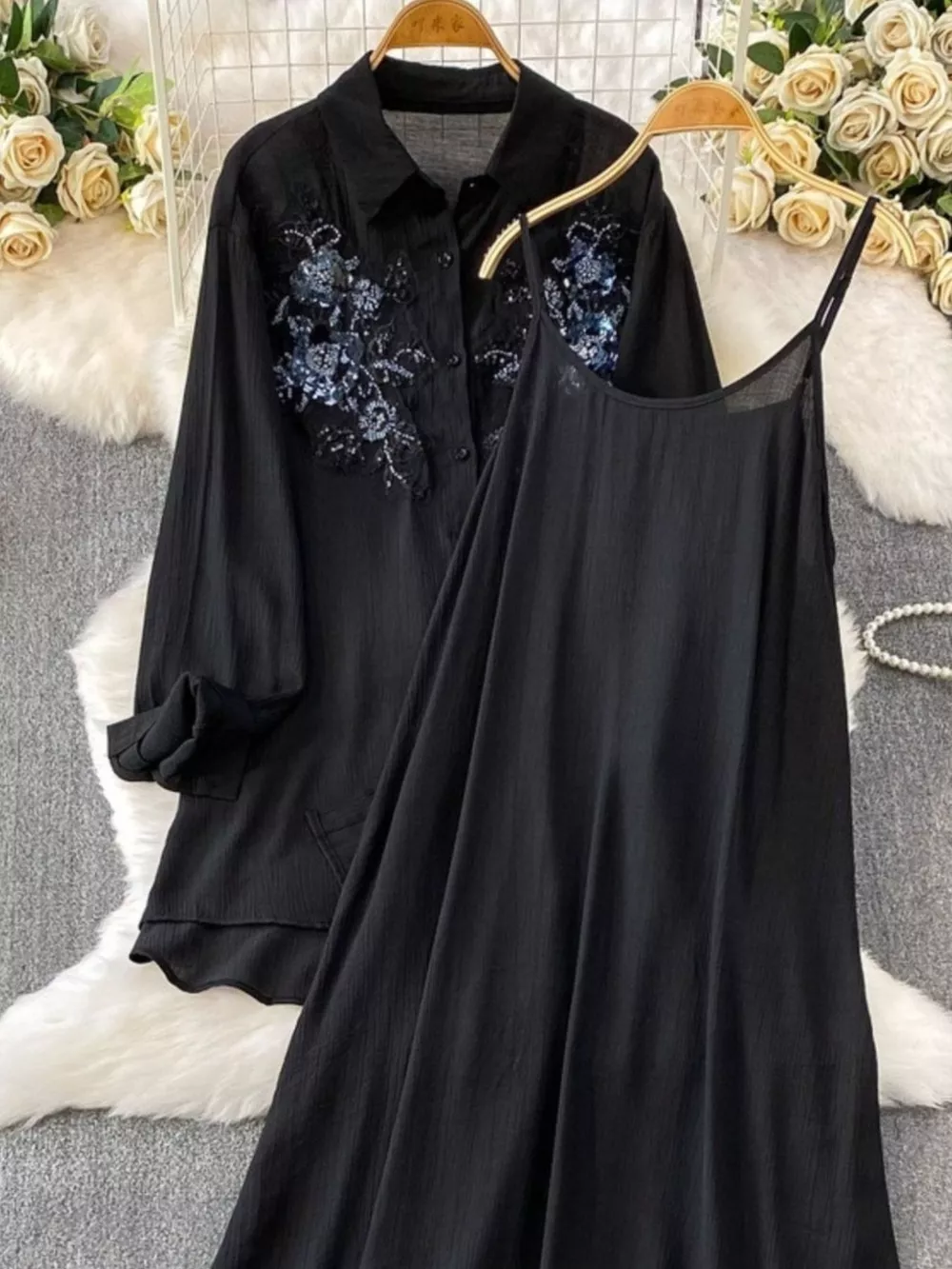 Sequin Flower Button Up Shirt and Cami Dress Set, image 18