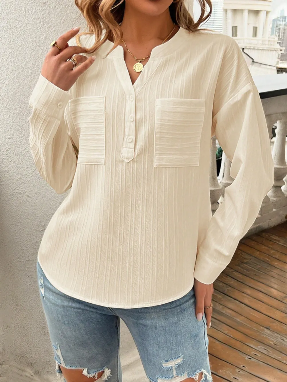 Pocketed Notched Long Sleeve Blouse, image 2
