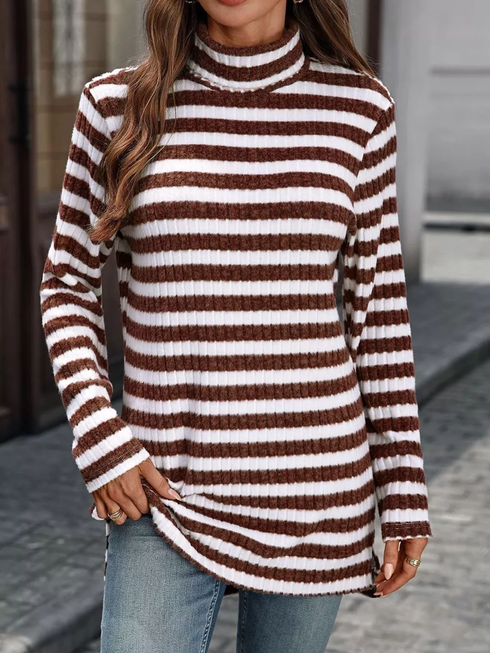 Striped Turtleneck Long Sleeve Knit Top, image 21