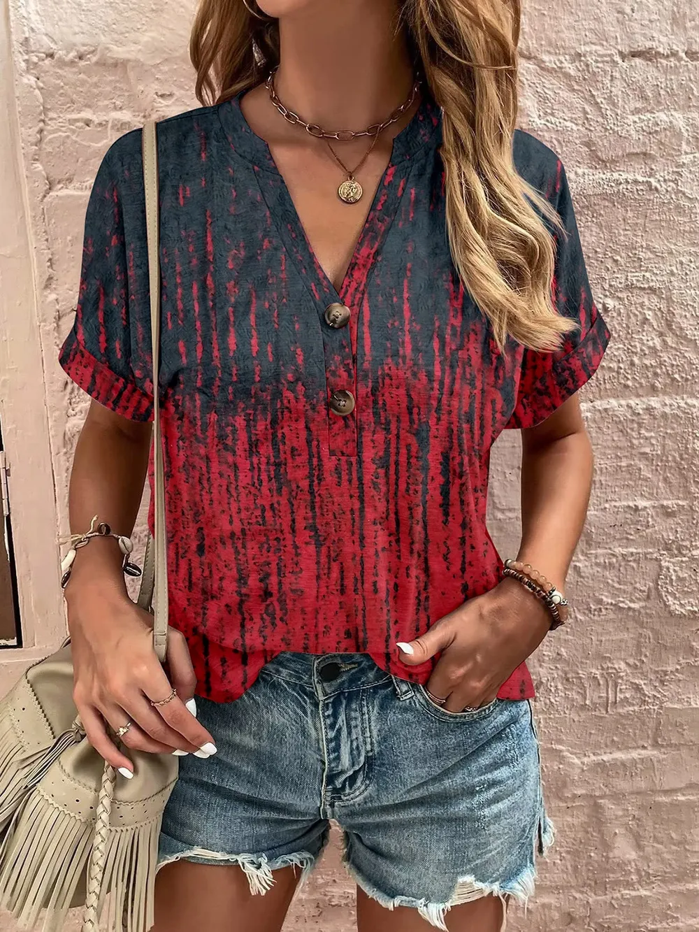 Full Size Printed Notched Short Sleeve Blouse, image 8