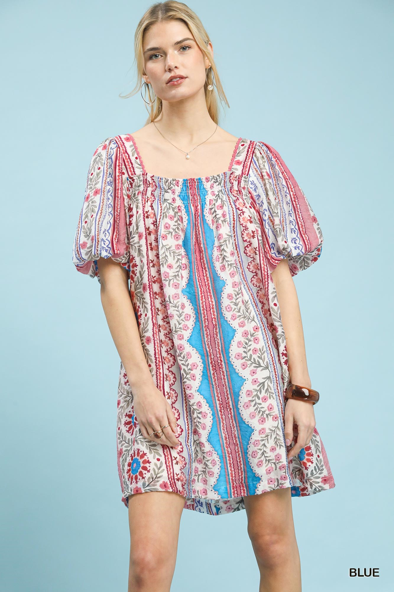Mixed Print Puff Sleeve Mini Dress