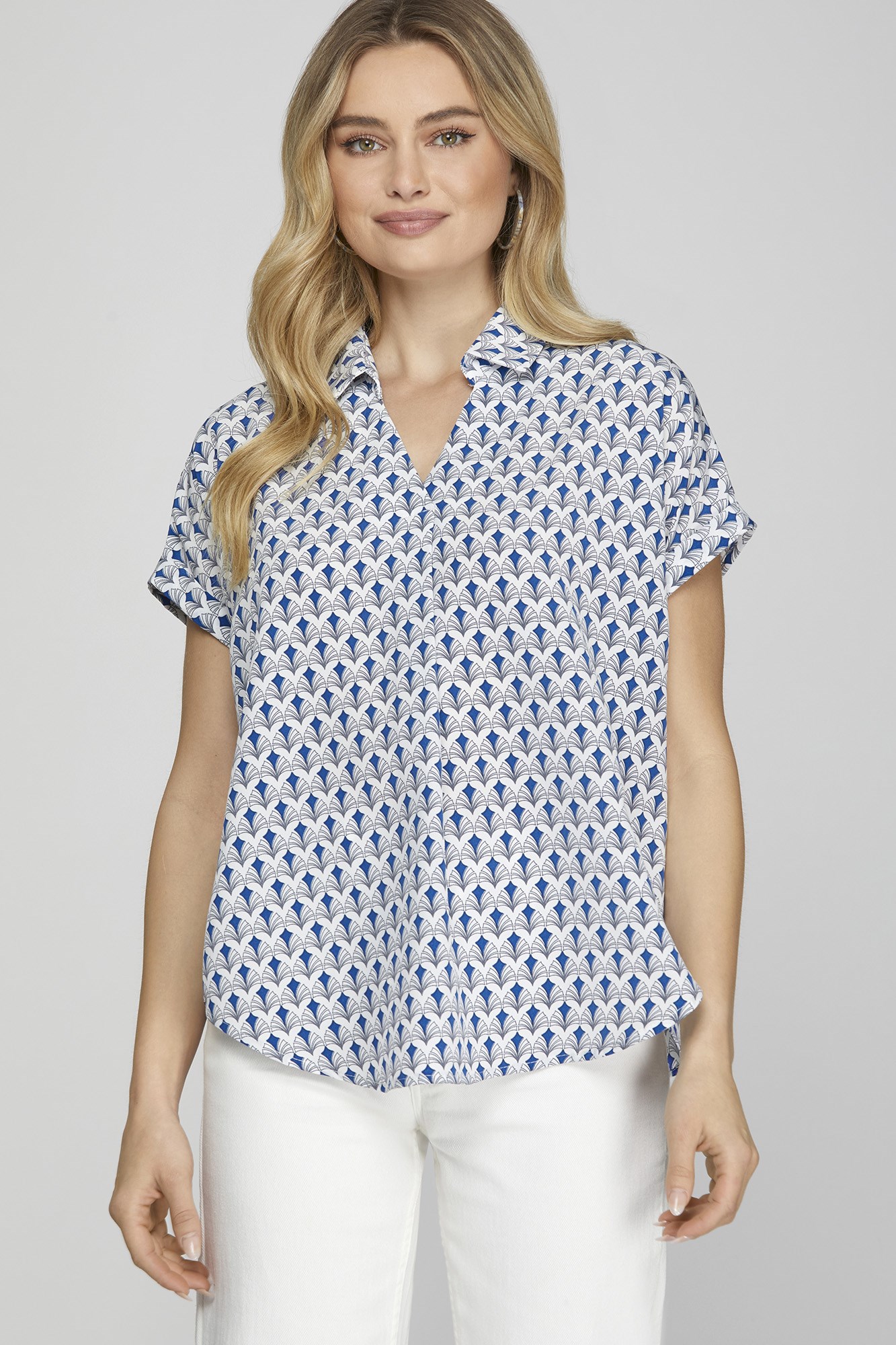Full Size Printed Johnny Collar Short Sleeve Blouse Plus Size