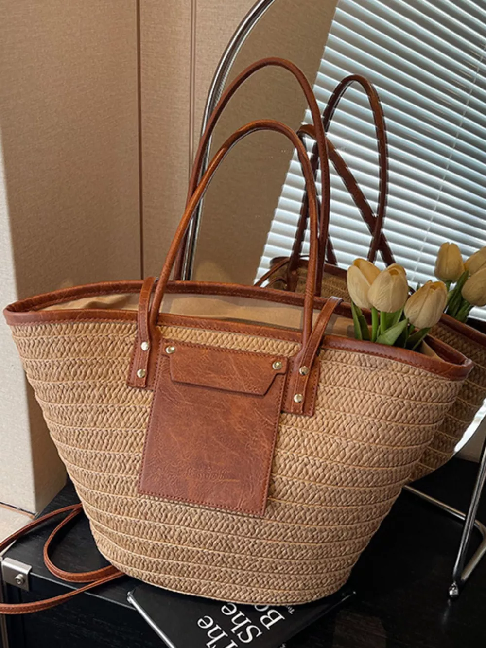 Straw Woven Shoulder Bag with Leather Accents, image 4