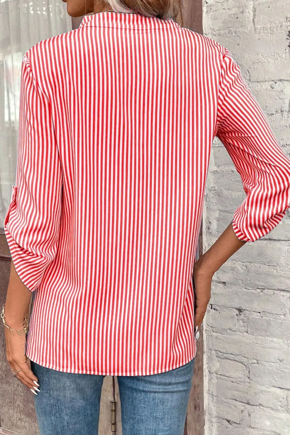 Striped Notched Roll-Tab Sleeve Shirt, image 5