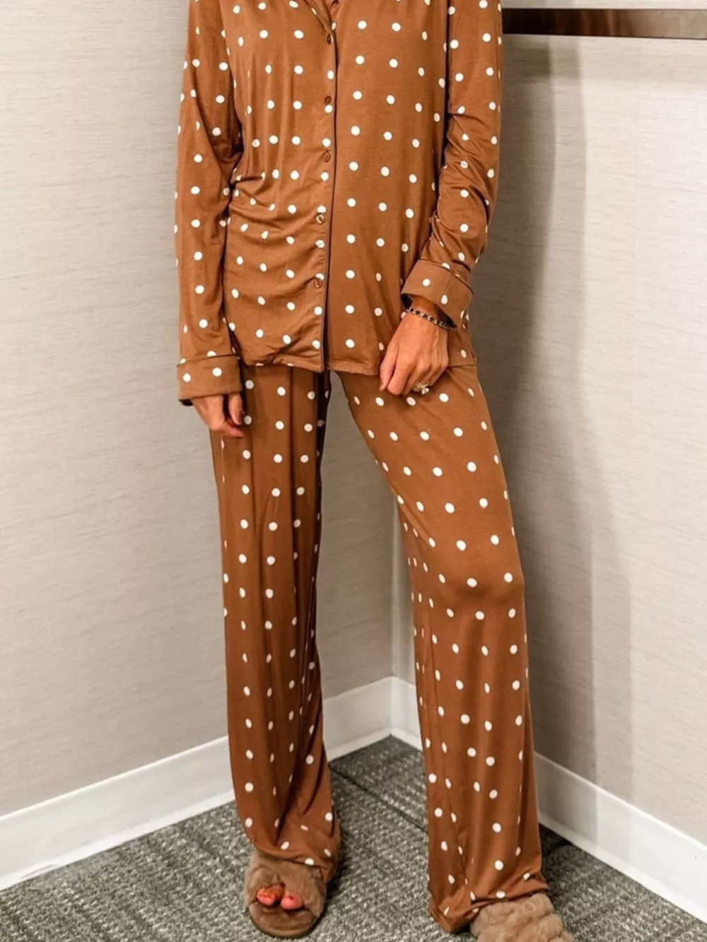 Polka Dot Button-Down Top and Pants Lounge Set, image 3