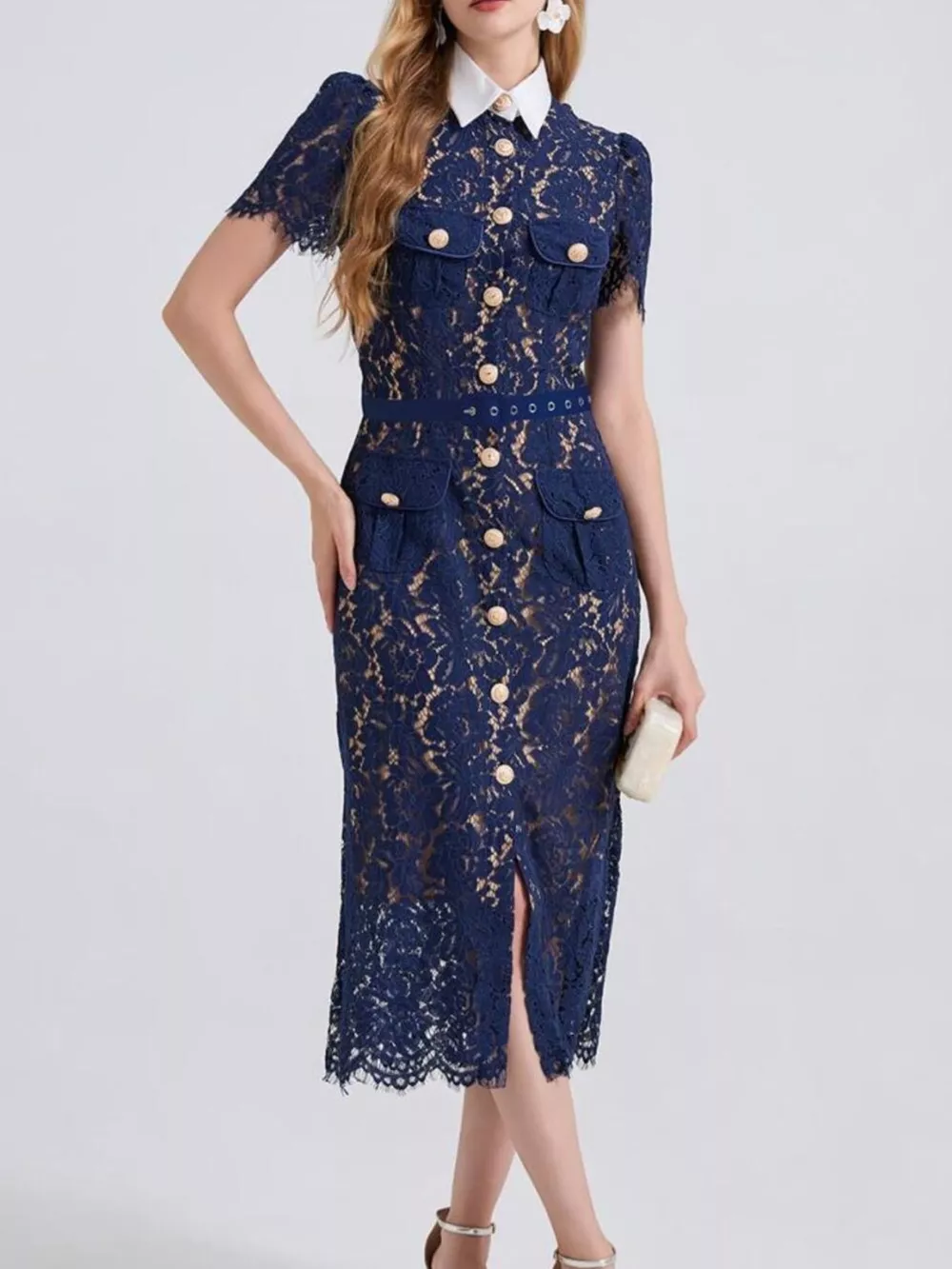 Lace Button-Down Midi Dress