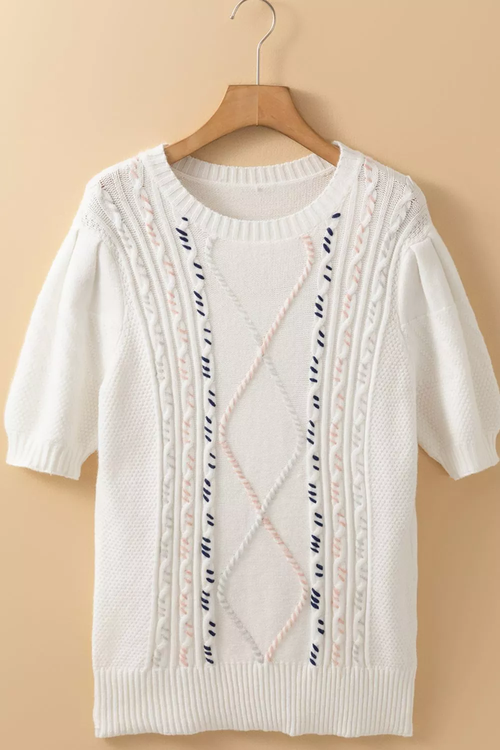Cable Knit Round Neck Half Sleeve Sweater, image 6