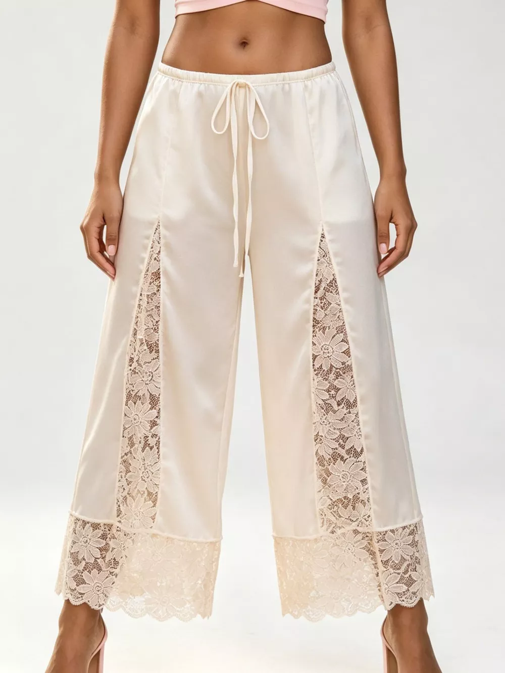 Lace Trim Wide-Leg Cropped Pants, image 9