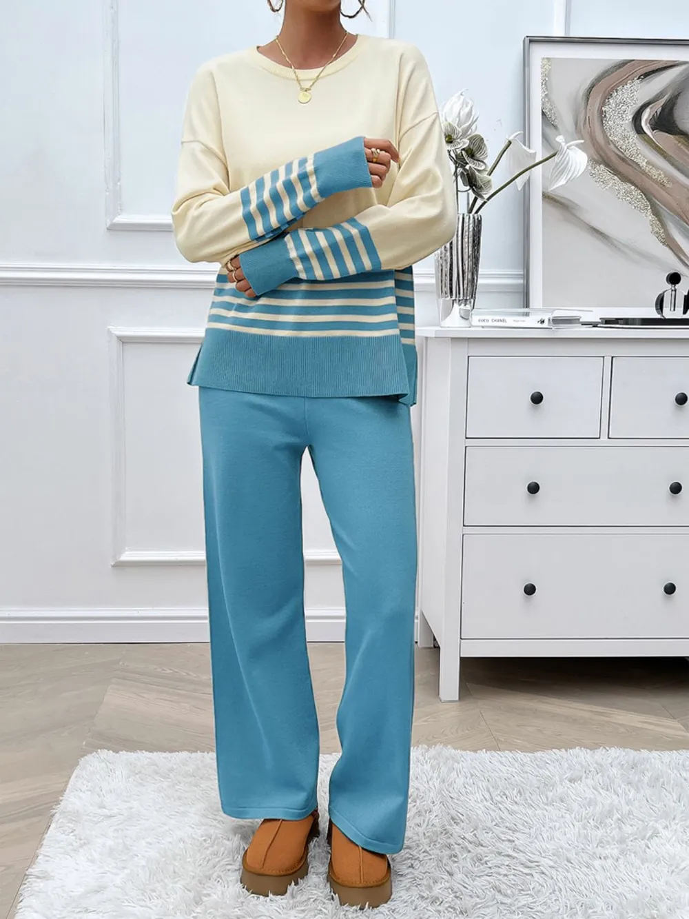 Slit Striped Round Neck Top and Pants Sweater Set, image 17
