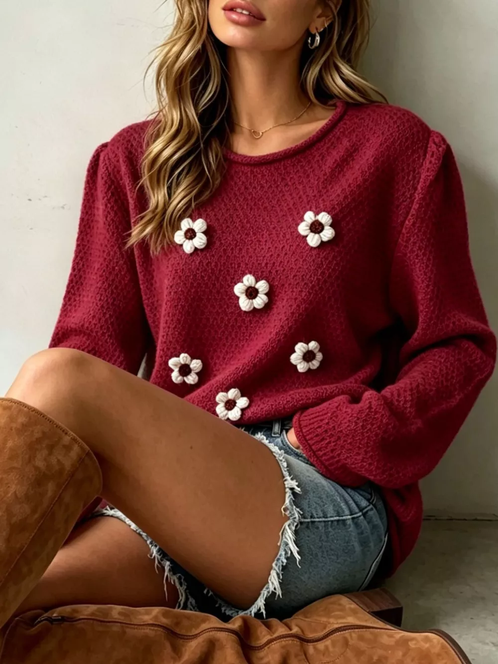 Full Size Floral Applique Textured Knit Sweater Plus Size, image 13