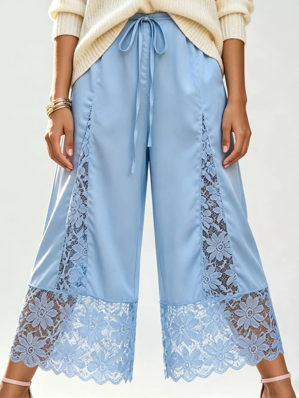 Lace Trim Wide-Leg Cropped Pants, image 4