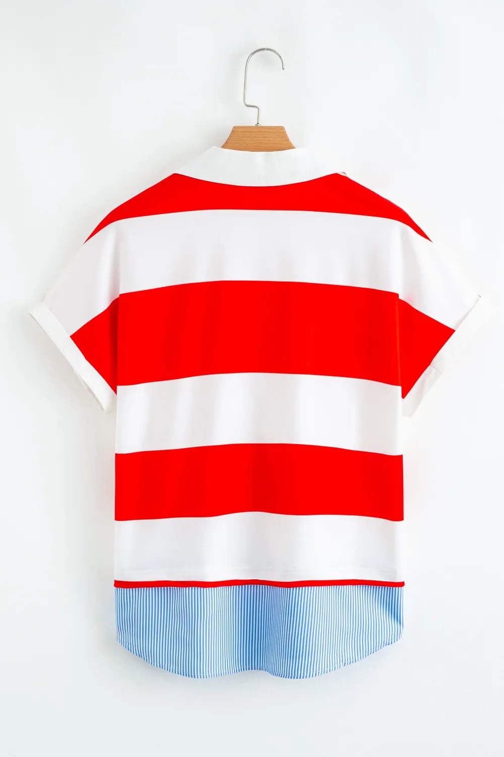 Stripe Collar V Neck Cuffed Dolman Short Sleeve Top, image 12