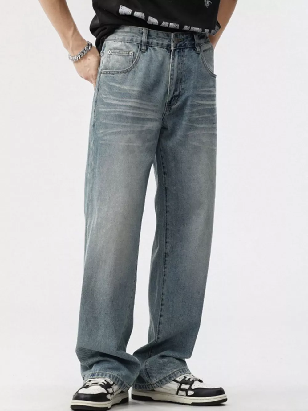 Men's Washed Wide Leg Jeans, image 2