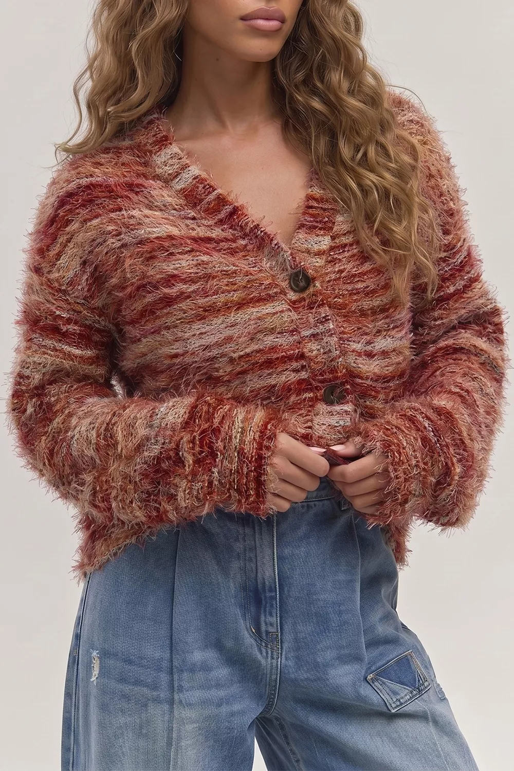 Fuzzy Striped Button Front Cardigan Sweater, image 2