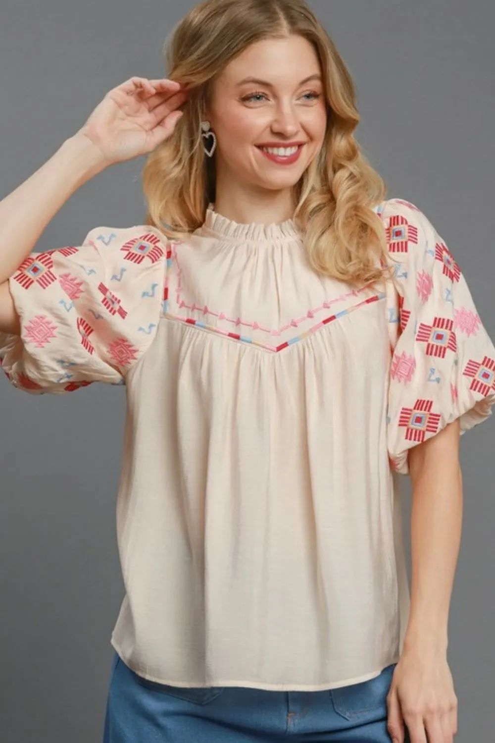 Full Size Embroidered Puff Sleeve Mock Neck Top Plus Size