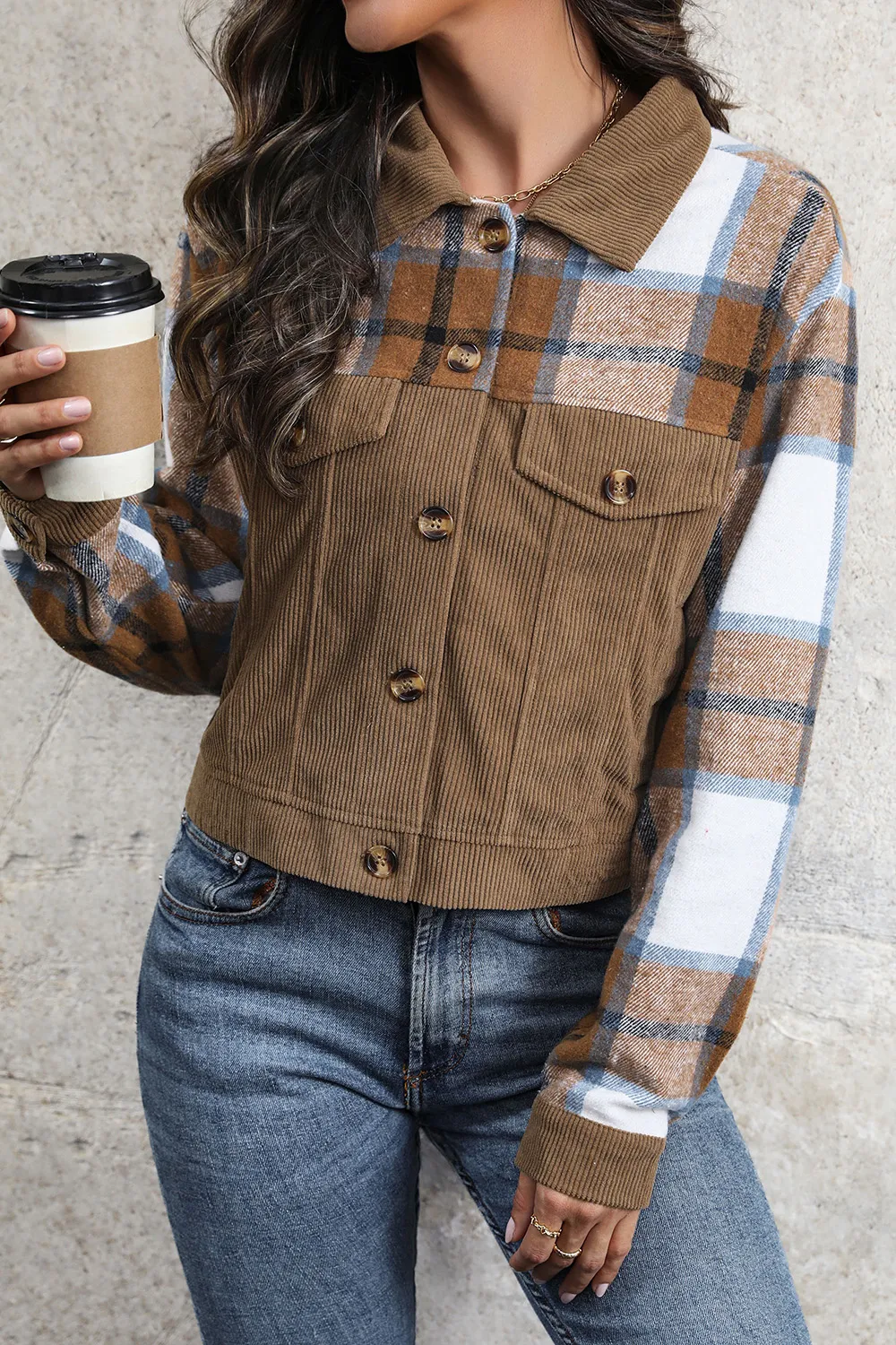 Plaid Button Up Collared Neck Jacket, image 5