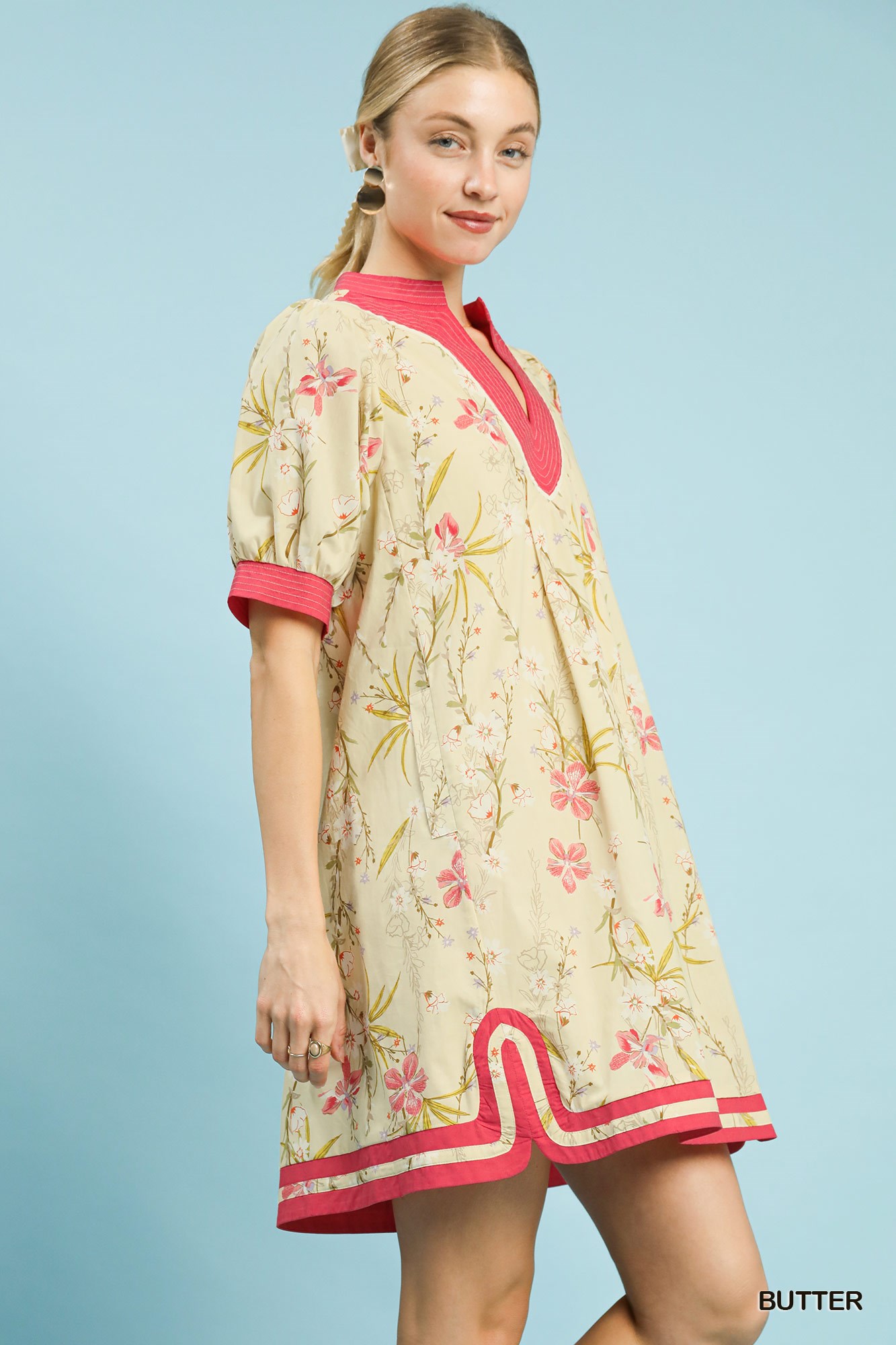 Floral Puff Sleeve Dress with Contrast Trim, image 4