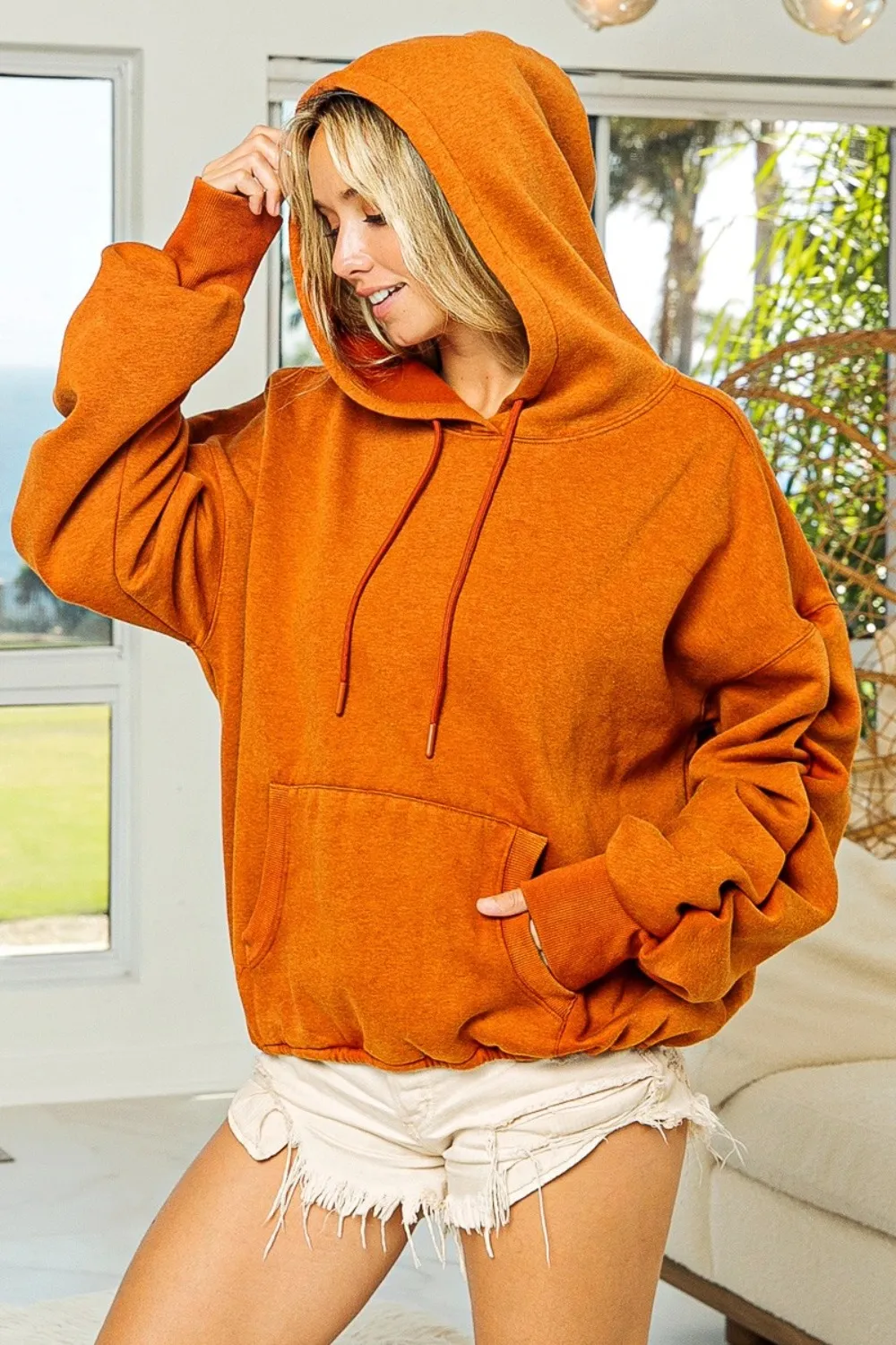 Ruched Long Sleeve Washed Fleece Hoodie, image 2