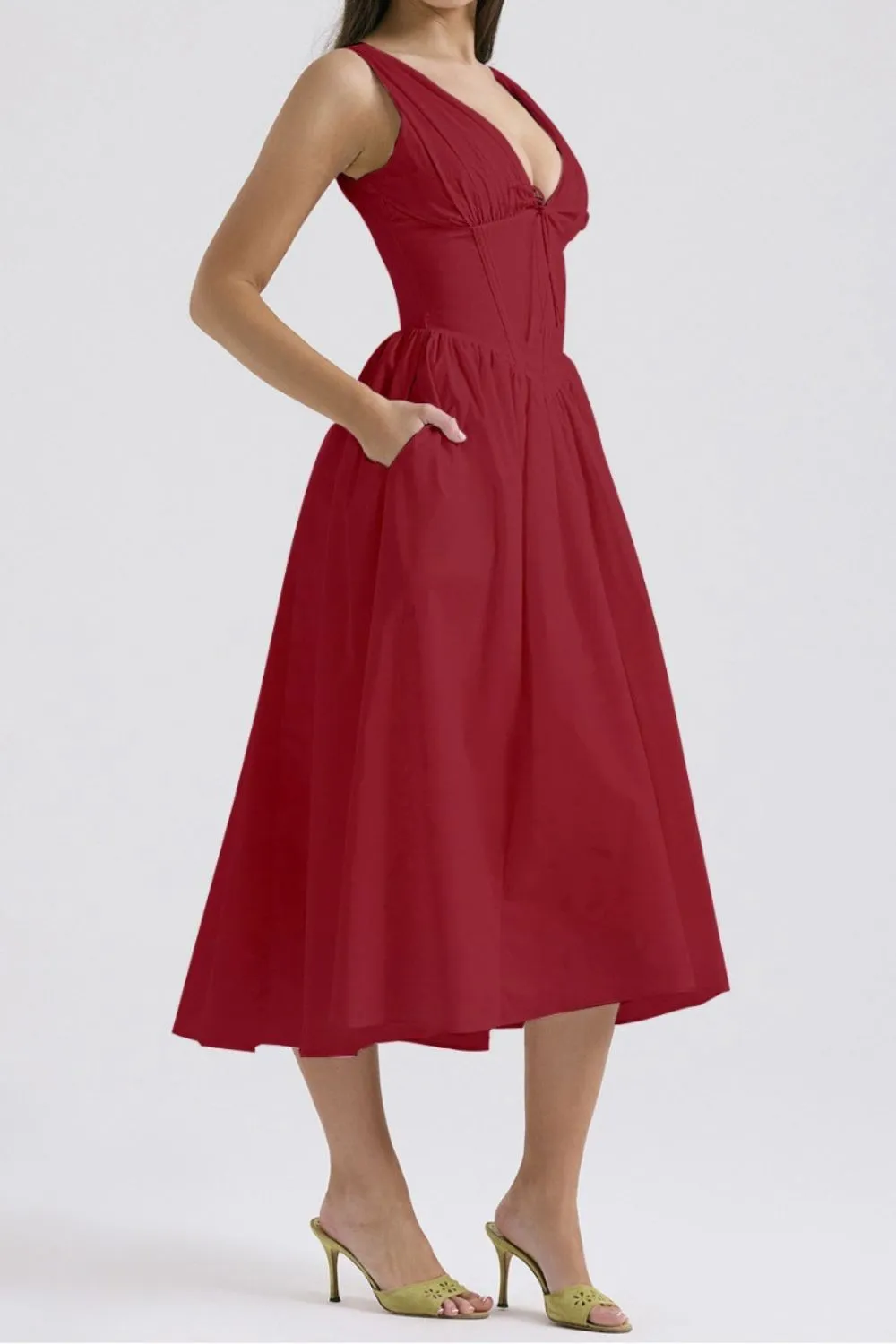 Ruched V-Neck Sleeveless Dress with Pockets, image 20