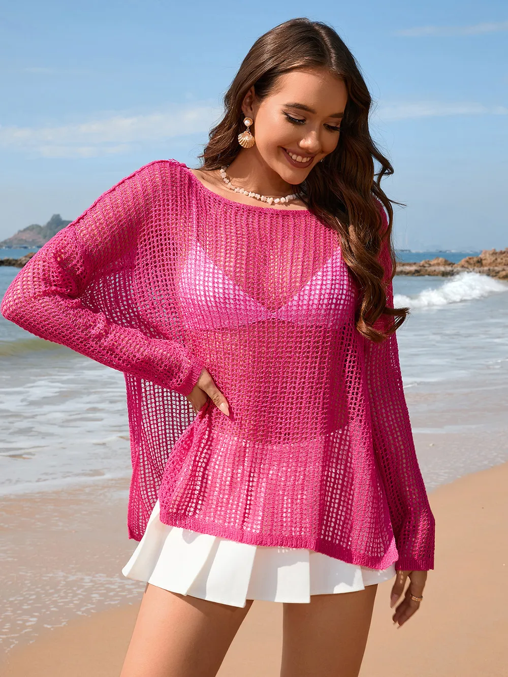 Openwork Slit Boat Neck Long Sleeve Cover-Up, image 6