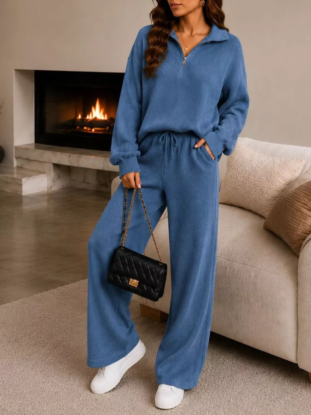 Ribbed Knit Quarter-Zip Top and Wide-Leg Pants Set, image 12