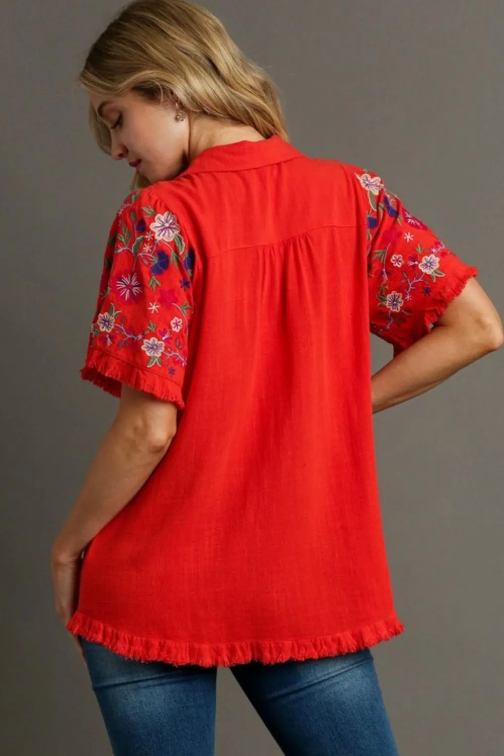 Full Size Linen Shirt with Embroidered Sleeves Plus Size, image 3
