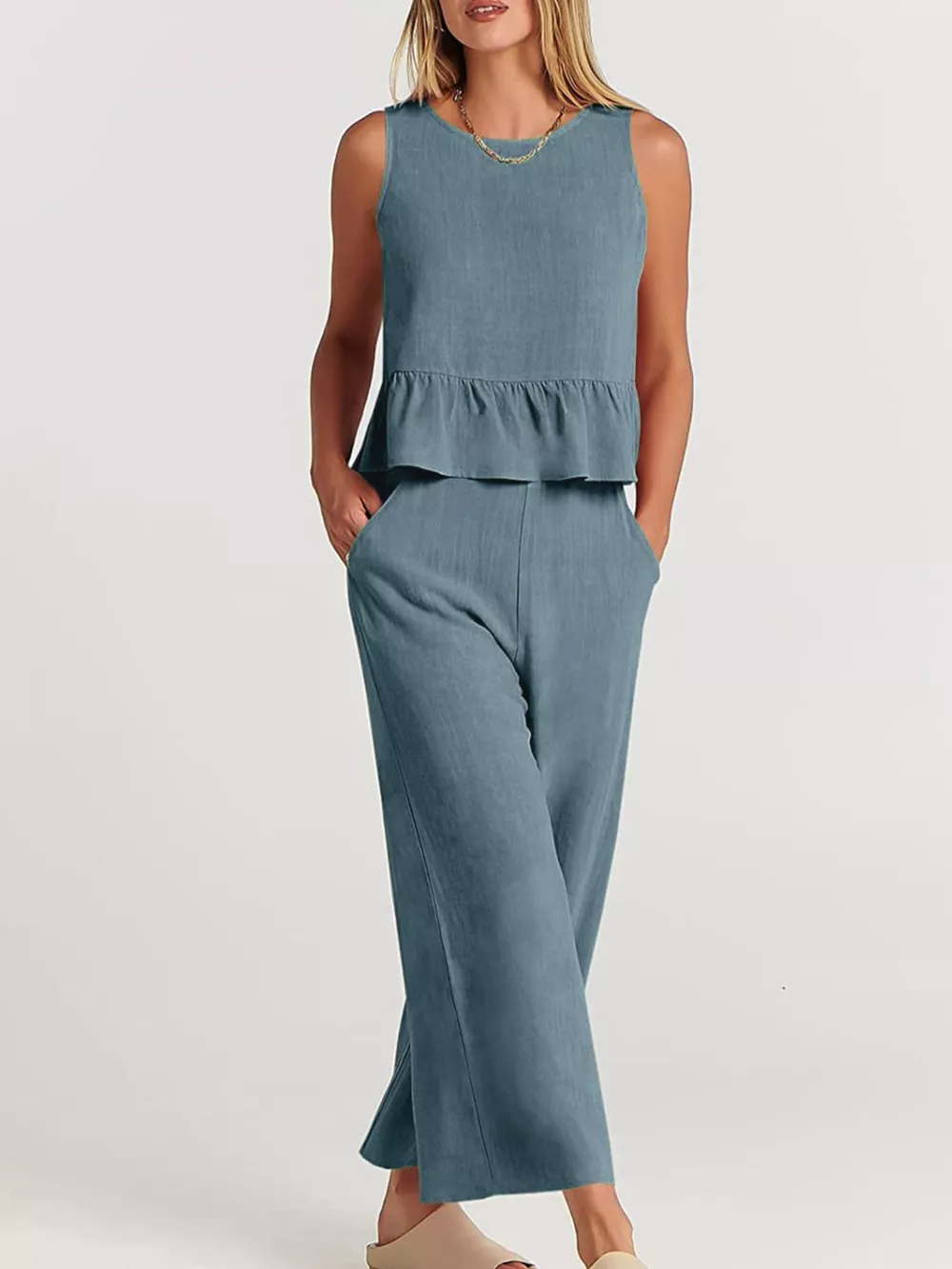 Full Size Ruffled Hem Sleeveless Top and Wide-Leg Pants Set Plus Size, image 3