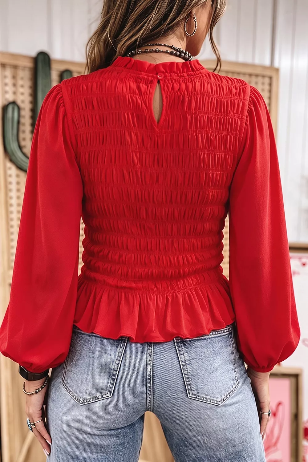 Smocked Balloon Sleeves Peplum Blouse, image 3