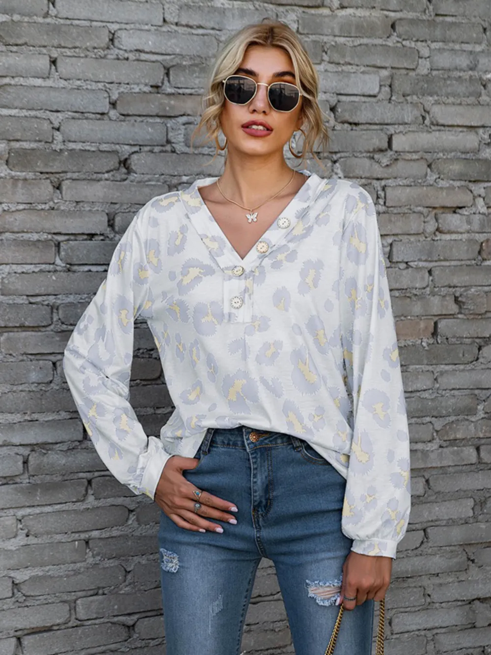Leopard V-Neck Decorative Button Long Sleeve Blouse, image 12
