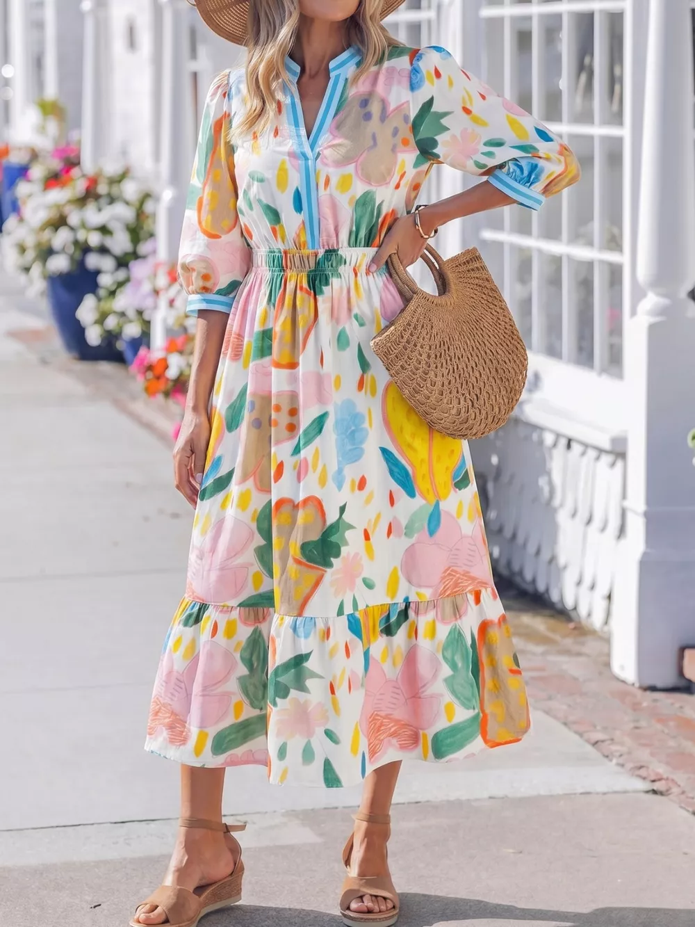 Multicolour Floral Doodle Print Striped Trim V Neck Midi Dress