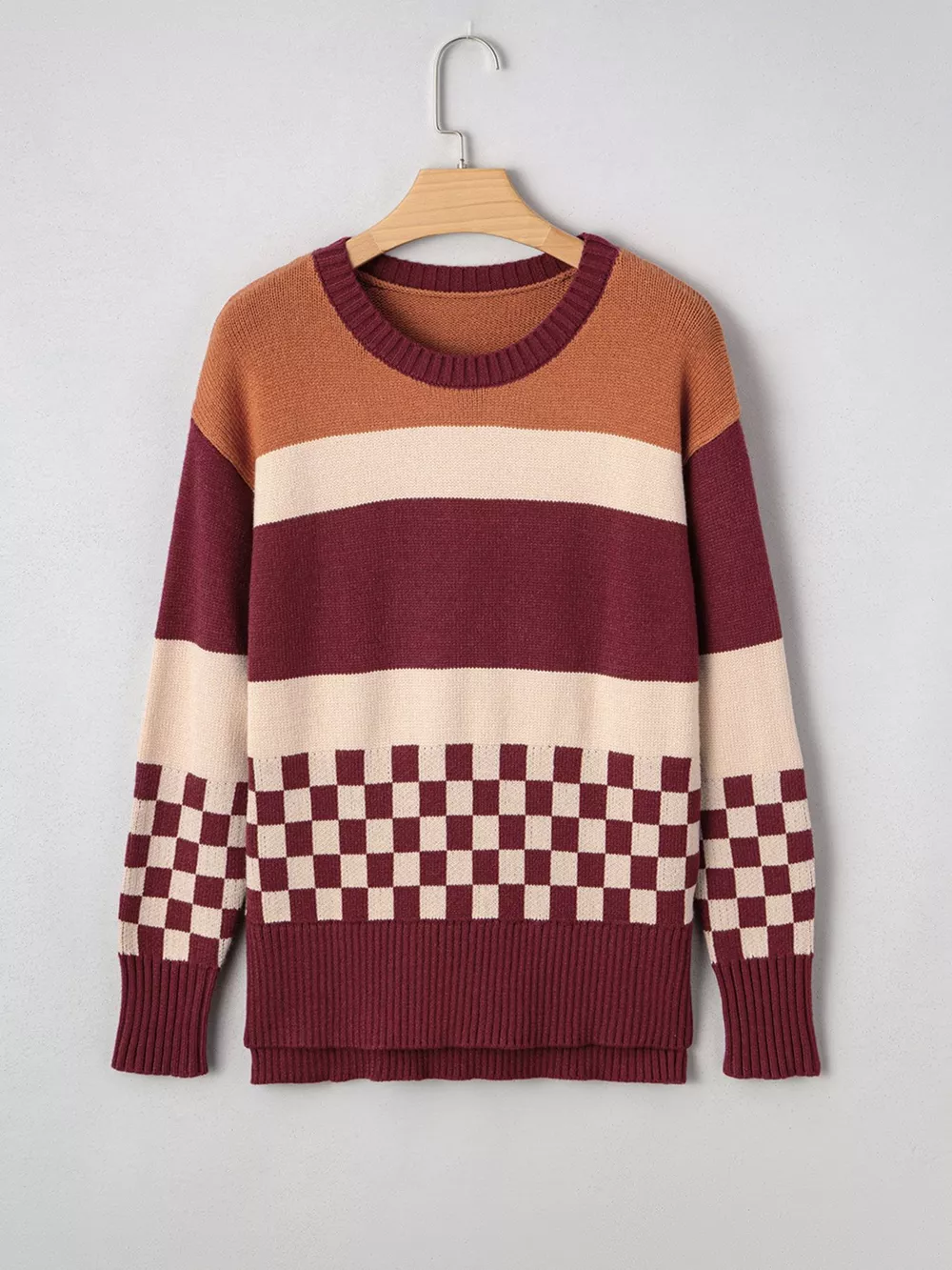 Checkered Color Block Knitted Drop Shoulder Sweater, image 8
