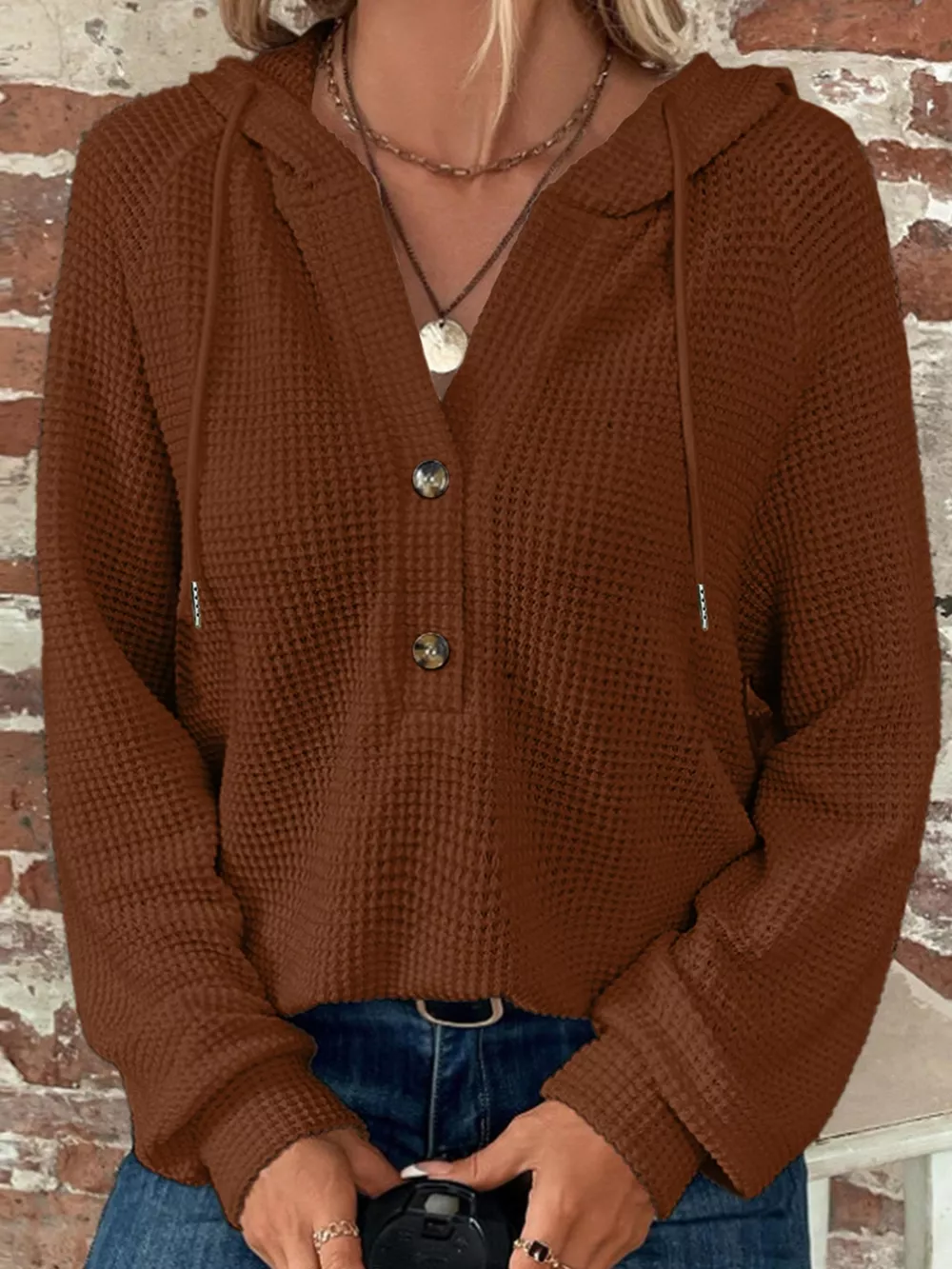 Casual Waffle Knit Button Detail Hoodie