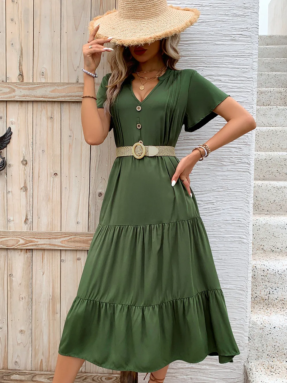 Tiered Notched Short Sleeve Midi Dress, image 6