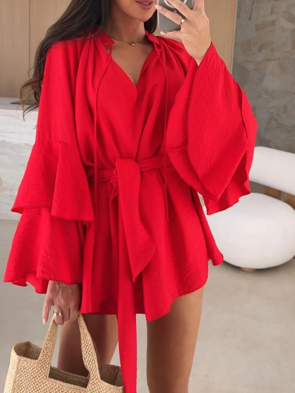Bell Sleeve Tie Waist Mini Shirt Dress, image 23