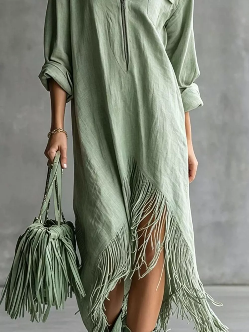 Zipper-Front Fringe Hem Midi Dress, image 6