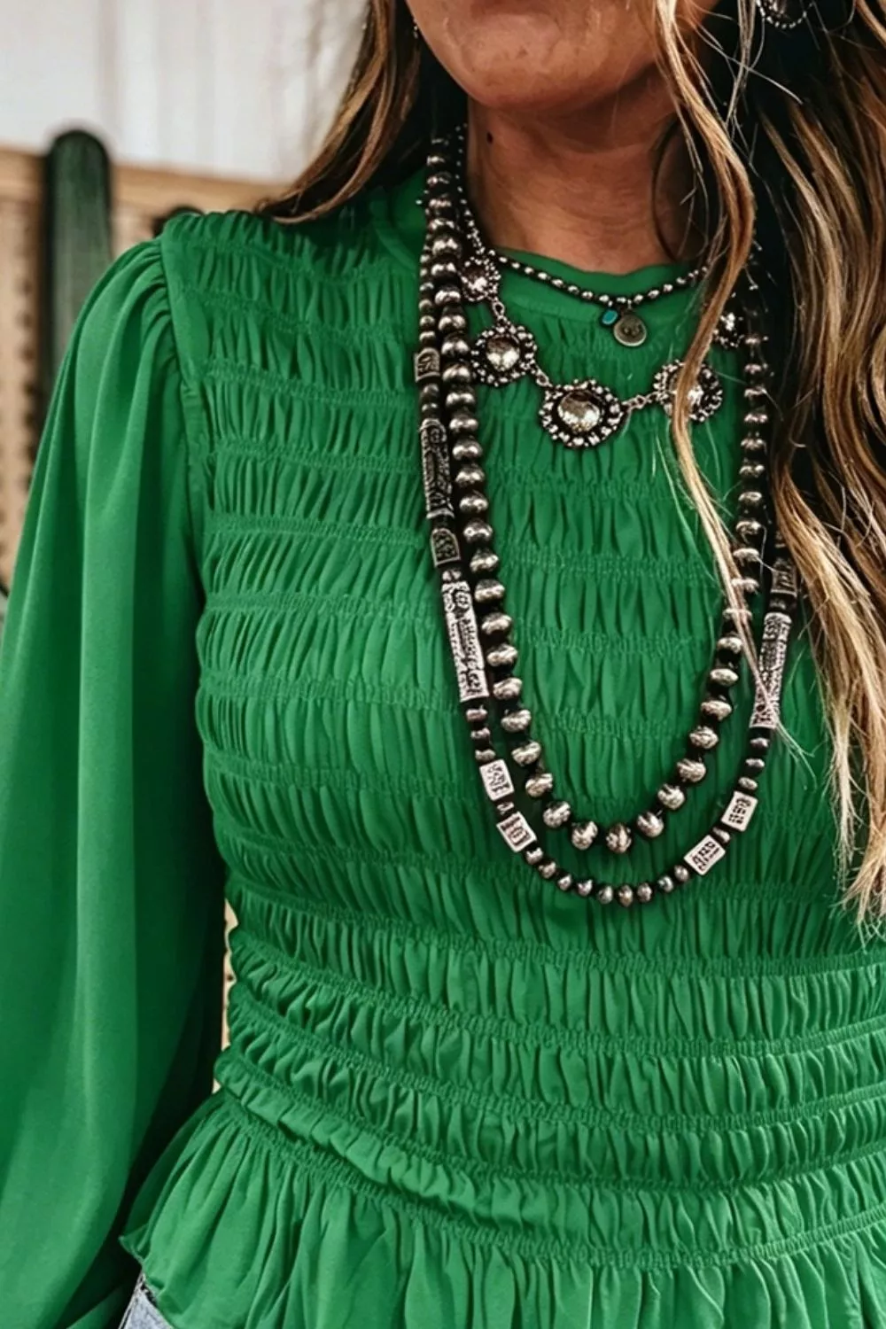 Smocked Balloon Sleeves Peplum Blouse, image 7