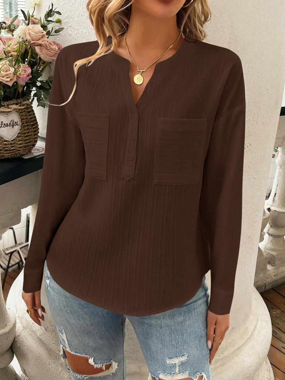 Pocketed Notched Long Sleeve Blouse, image 12