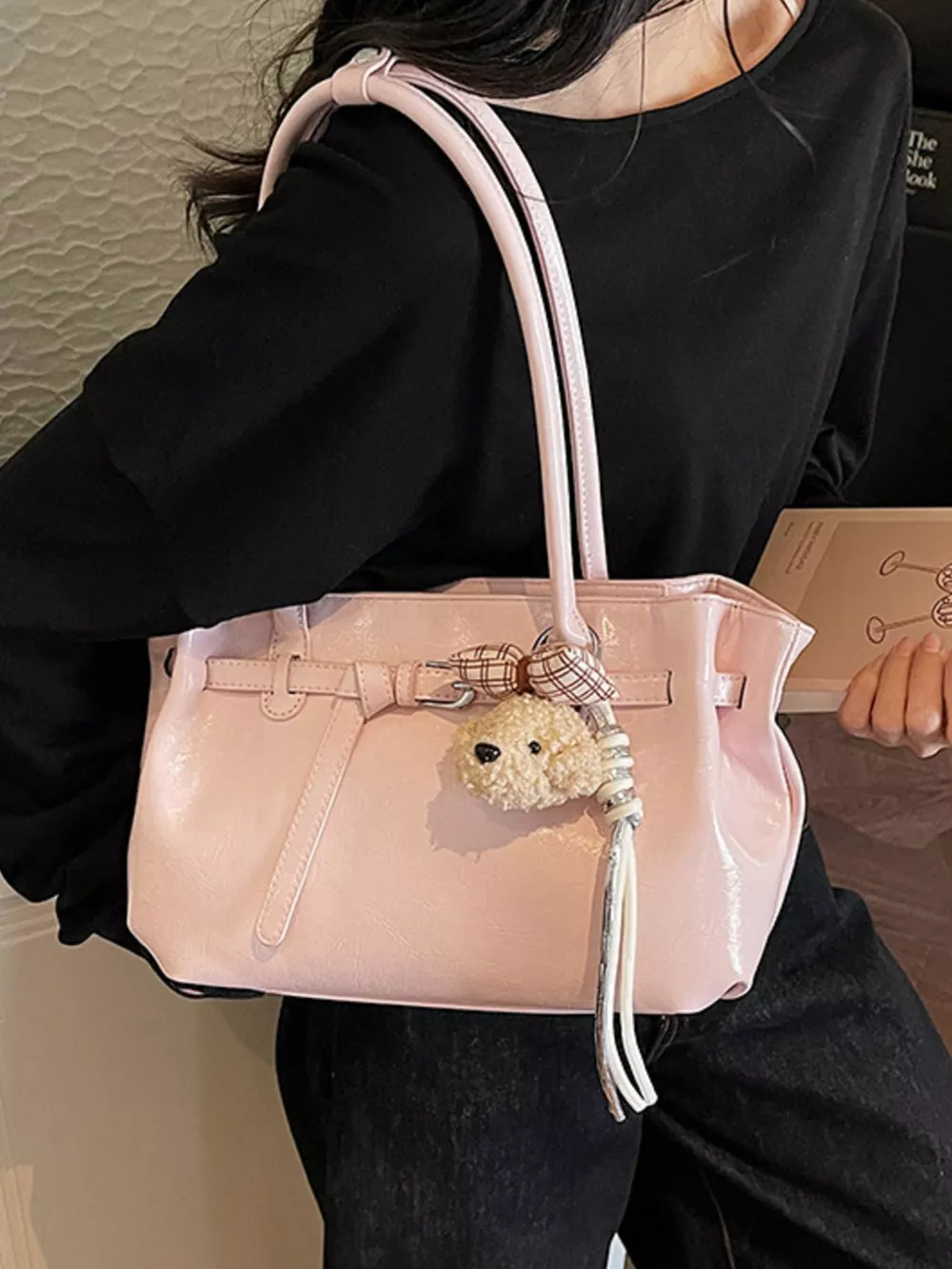 Leather Shoulder Bag with Dog Charm, image 6