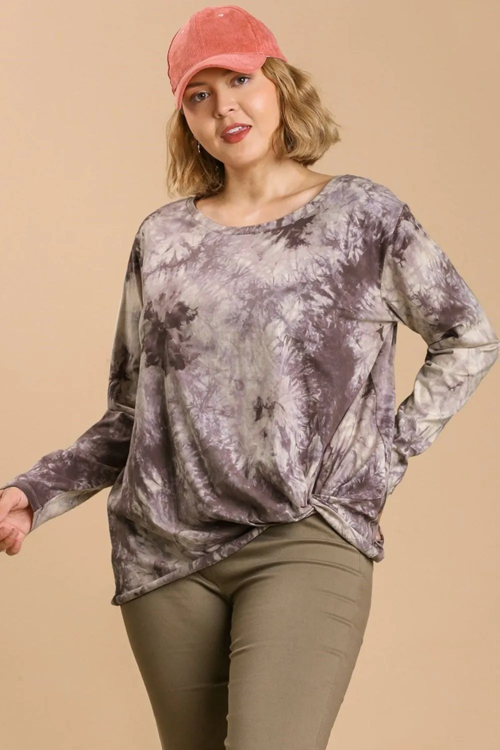 Full Size Tie Dye Front Gathered Detail Round Neck Long Sleeve T-Shirt Plus Size, image 4