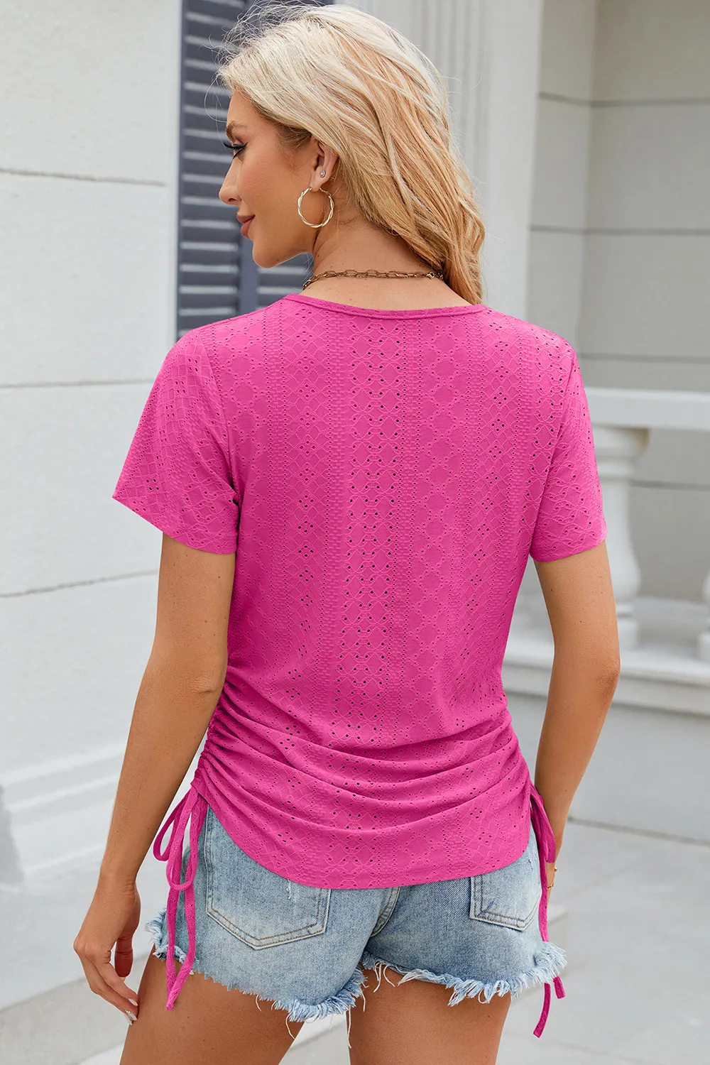 Eyelet Round Neck Short Sleeve T-Shirt, image 9