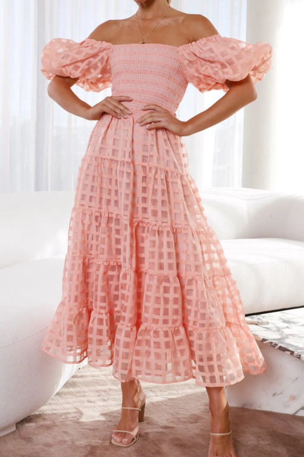 Off Shoulder Short Puff Sleeve Midi Dress, image 31