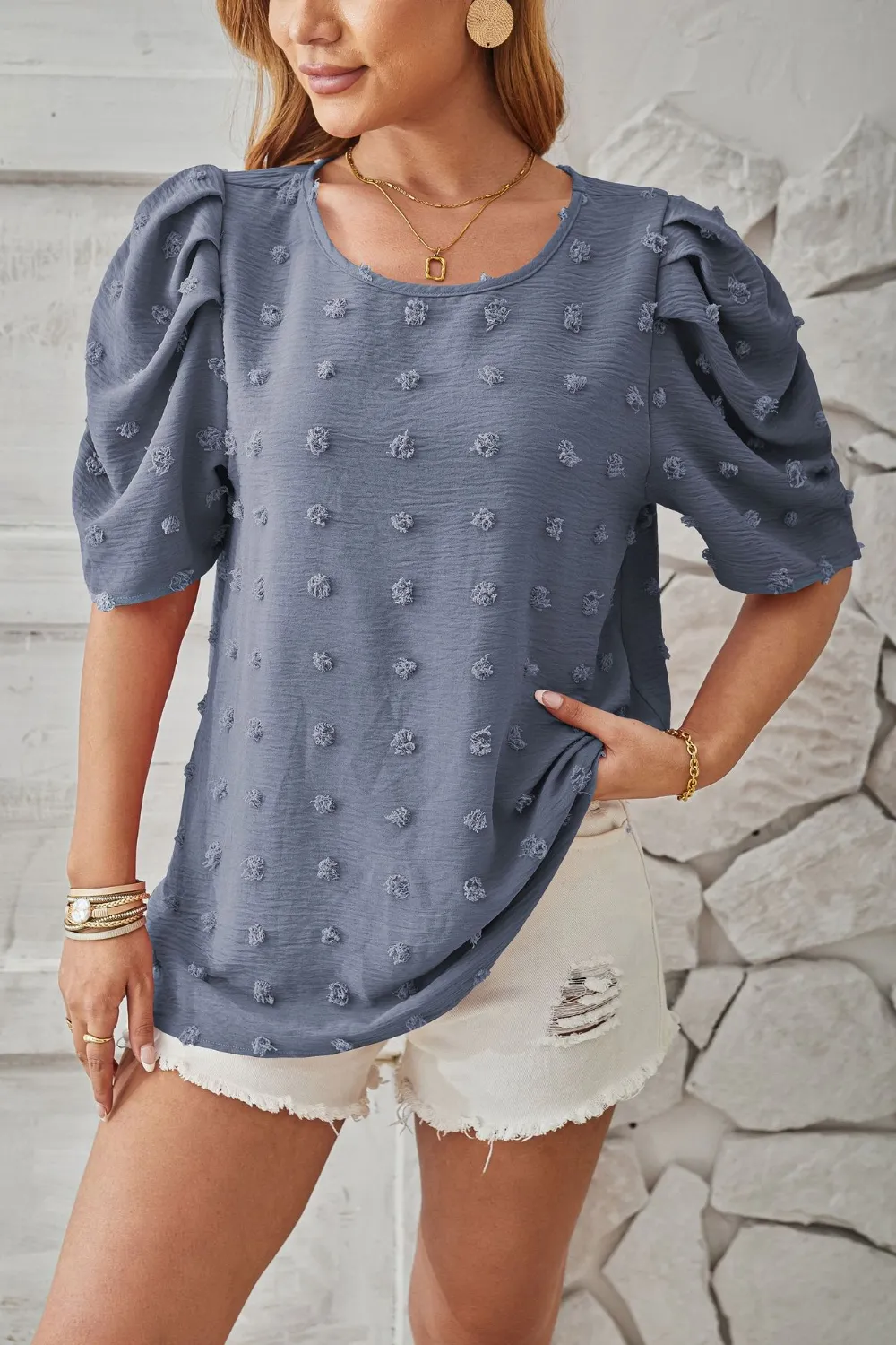 Swiss Dot Round Neck Short Sleeve Blouse, image 11