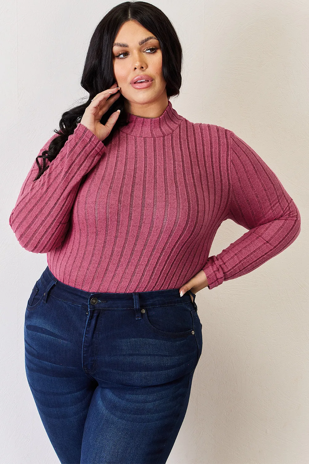 Full Size Ribbed Mock Neck Long Sleeve T-Shirt, image 35
