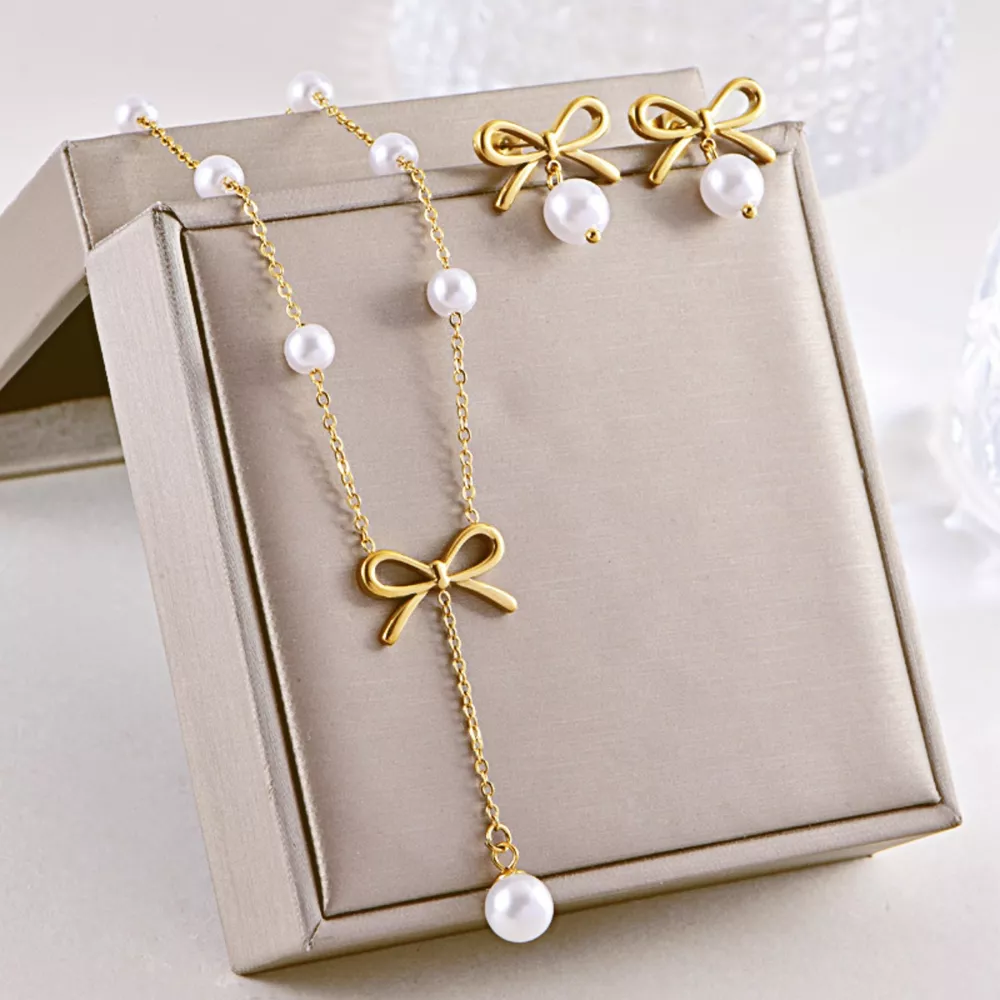 18K Gold-Plated Bowknot Pearl Jewelry Set, image 3