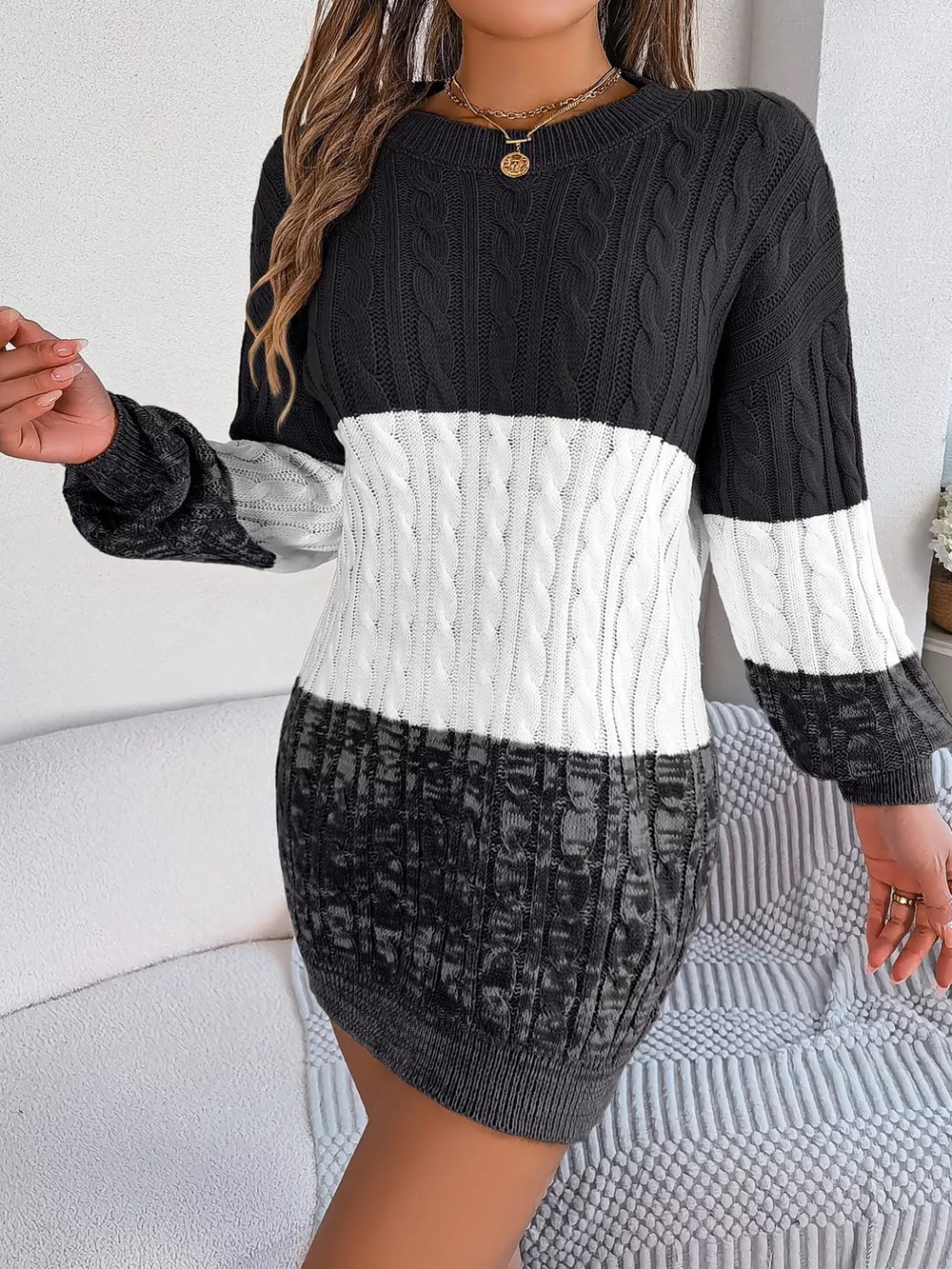Color Block Cable Knit Sweater Dress with Textured Pattern, image 17