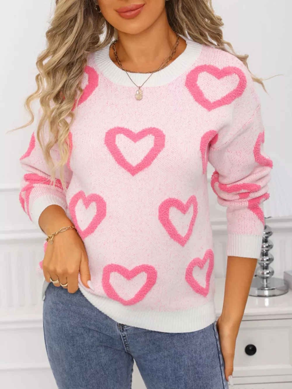 Valentine's Day Heart Pattern Round Neck Sweater, image 6